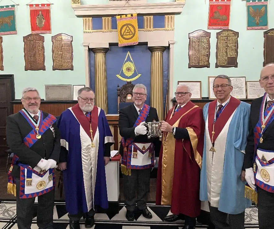 L to R: E Comp’s; G Walker, D Brockhouse, P Gough, T Fisher, N Clarke, S Roadley, M Payne, G Cumberland, Comp Dale Williams (Exaltee), E Comp D Ore. Not in the picture E Comps P Buck & G Cardy