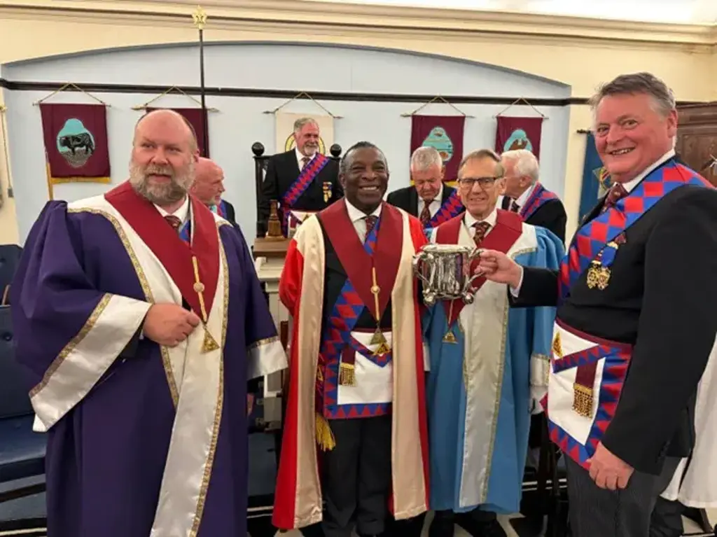 Athol Chapter presents the Travelling Loving Cup to Temperance Chapter at Wretham Road, Handsworth, Birmingham.